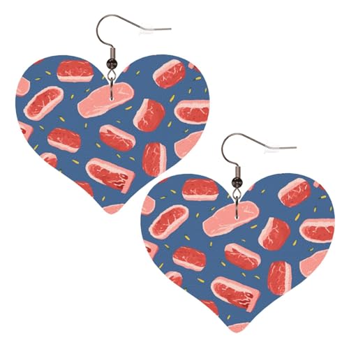 Lederohrringe mit Fleischscheiben-Muster, Herz-Ohrringe, leicht, baumelnde Ohrringe, Schmuck, Geschenke von FZQVSLCM