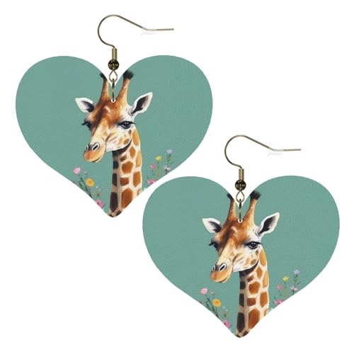 Lederohrringe mit Giraffe mit Blumen, Herz-Ohrringe, leicht, baumelnde Ohrringe, Schmuckgeschenke Lederohrringe mit Giraffe mit Blumen, Herz-Ohrringe, leicht, baumelnde Ohrringe, Schmuckgeschenke von FZQVSLCM