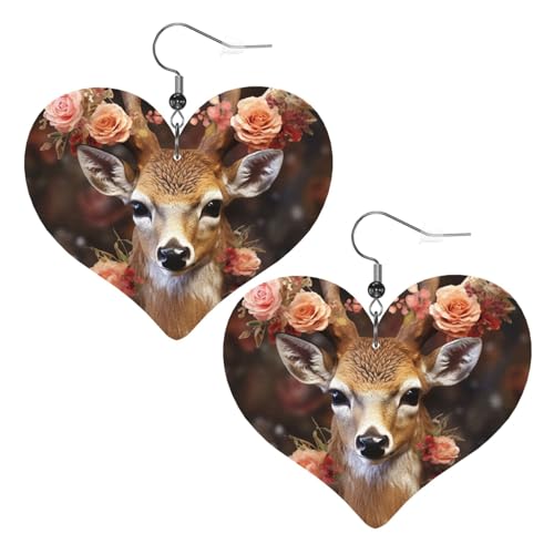 Lederohrringe mit Hirsch mit Blumen, Herz-Ohrringe, leicht, baumelnde Ohrringe, Schmuck, Geschenke Lederohrringe mit Hirsch mit Blumen, Herz-Ohrringe, leicht, baumelnde Ohrringe, Schmuck, Geschenke von FZQVSLCM