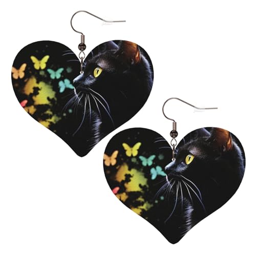 Lederohrringe mit Katze und Schmetterling, Herz-Ohrringe, leicht, baumelnde Ohrringe, Schmuckgeschenk von FZQVSLCM