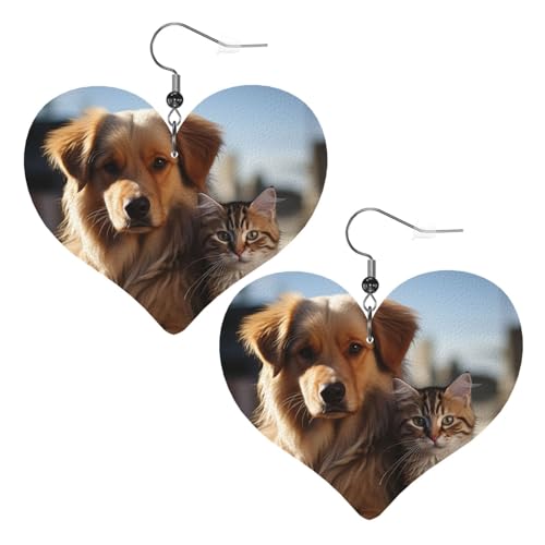 Lederohrringe mit Katzen und Hunden, Herz-Ohrringe, leicht, baumelnde Ohrringe, Schmuckgeschenk von FZQVSLCM