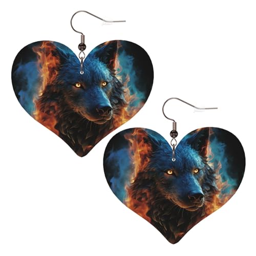 Lederohrringe mit Wolfskopf in blauen Flammen, Herz-Ohrringe, leicht, baumelnde Ohrringe, Schmuckgeschenke von FZQVSLCM