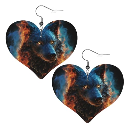 Lederohrringe mit Wolfskopf in blauen Flammen, Herz-Ohrringe, leicht, baumelnde Ohrringe, Schmuckgeschenke Lederohrringe mit Wolfskopf in blauen Flammen, Herz-Ohrringe, leicht, baumelnde Ohrringe, Schmuckgeschenke von FZQVSLCM