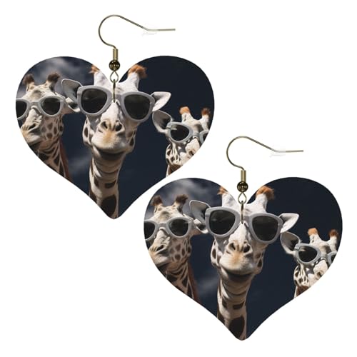 Lederohrringe mit drei Giraffen mit Sonnenbrille, Herz-Ohrringe, leicht, baumelnde Ohrringe, Schmuck, Geschenke, One Size, Kein Edelstein von FZQVSLCM