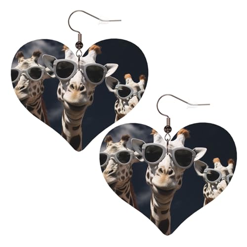 Lederohrringe mit drei Giraffen mit Sonnenbrille, Herz-Ohrringe, leicht, baumelnde Ohrringe, Schmuck, Geschenke von FZQVSLCM