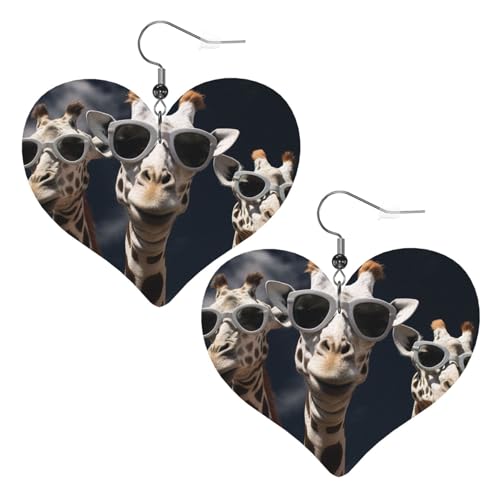 Lederohrringe mit drei Giraffen mit Sonnenbrille, Herz-Ohrringe, leicht, baumelnde Ohrringe, Schmuck, Geschenke von FZQVSLCM