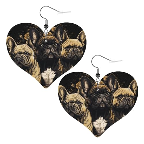 Lederohrringe mit drei französischen Bulldoggen für Damen, Herz-Ohrringe, leicht, baumelnde Ohrringe, Schmuck, Geschenke Lederohrringe mit drei französischen Bulldoggen für Damen, Herz-Ohrringe, leicht, baumelnde Ohrringe, Schmuck, Geschenke von FZQVSLCM
