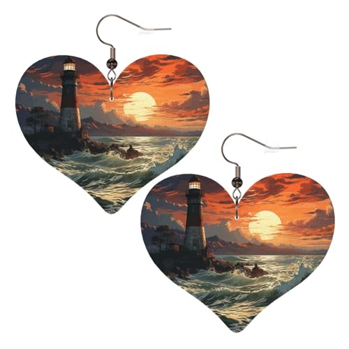 Leuchtturm-Leder-Ohrringe für Damen, Herz-Ohrringe, leicht, baumelnde Ohrringe, Schmuck-Geschenke von FZQVSLCM
