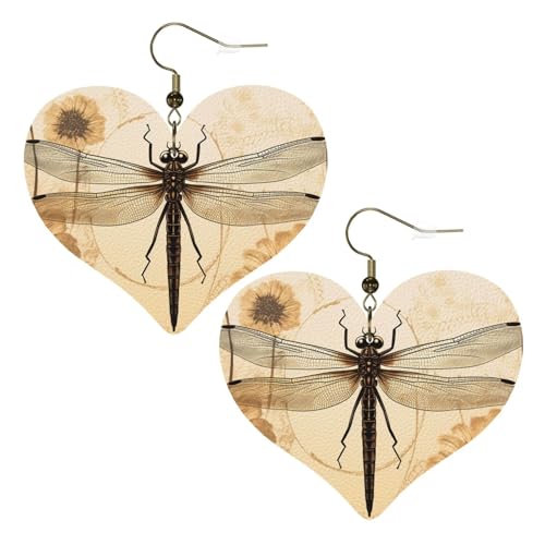 Libelle auf Sonnenblumen-Leder-Ohrringe für Damen, Herz-Ohrringe, leicht, baumelnde Ohrringe, Schmuckgeschenke von FZQVSLCM
