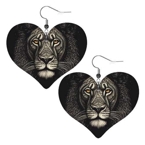 Löwe mit Linien, Leder-Ohrringe für Damen, Herz-Ohrring, leicht, baumelnd, Schmuck, Geschenke von FZQVSLCM