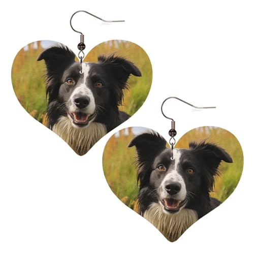 Mohado Border Collie Leder-Ohrringe für Damen, Herz-Ohrringe, leicht, baumelnde Ohrringe, Schmuckgeschenke von FZQVSLCM