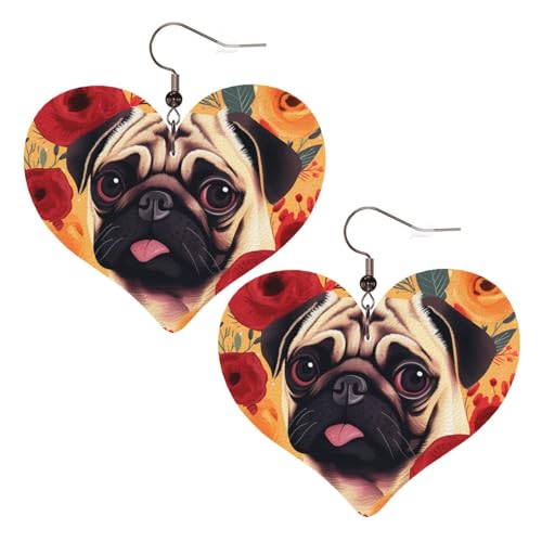 Mops-Blumen-Leder-Ohrringe für Damen, Herz-Ohrringe, leicht, baumelnd, Schmuck, Geschenke von FZQVSLCM