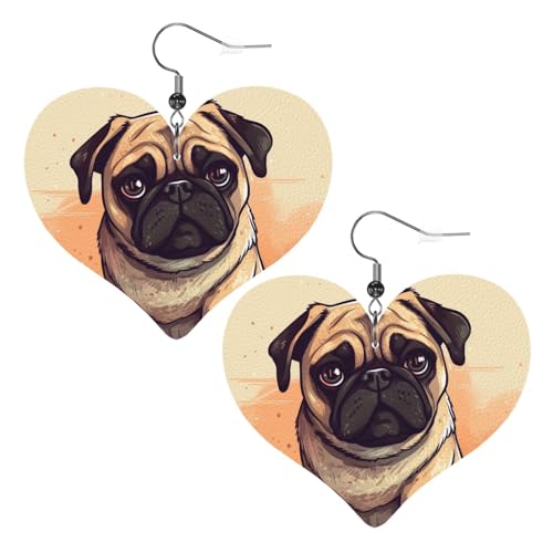 Mops-Cartoon-Leder-Ohrringe für Damen, Herz-Ohrringe, leicht, baumelnd, Schmuck, Geschenke von FZQVSLCM