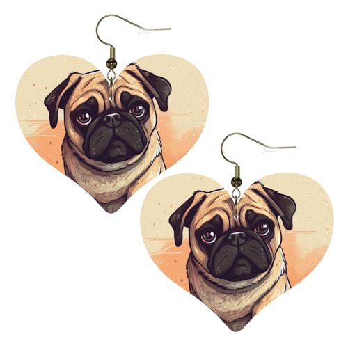 Mops-Cartoon-Leder-Ohrringe für Damen, Herz-Ohrringe, leicht, baumelnd, Schmuck, Geschenke von FZQVSLCM
