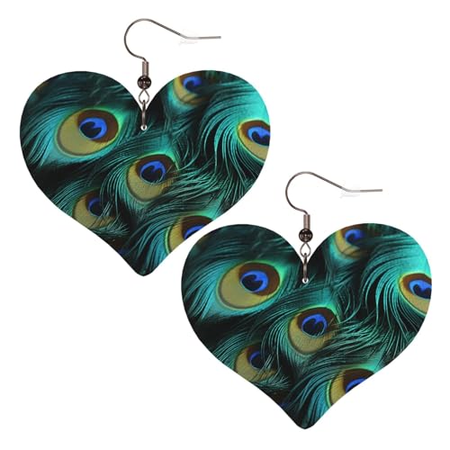Nahaufnahme von Pfauenfedern, Leder-Ohrringe für Frauen, Herz-Ohrringe, leicht, baumelnde Ohrringe, Schmuckgeschenke von FZQVSLCM