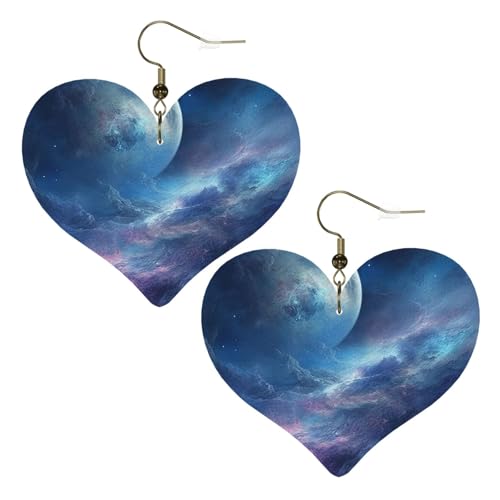 Nebel und Mond Leder-Ohrringe für Damen, Herz-Ohrringe, leicht, baumelnde Ohrringe, Schmuckgeschenke von FZQVSLCM