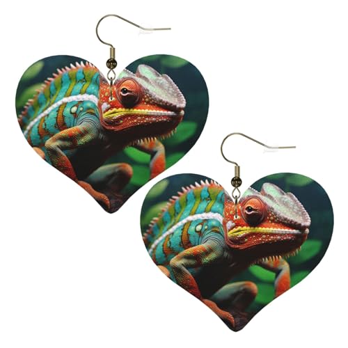 Niedliche Chamäleon-Leder-Ohrringe für Damen, Herz-Ohrringe, leicht, baumelnde Ohrringe, Schmuck, Geschenke von FZQVSLCM