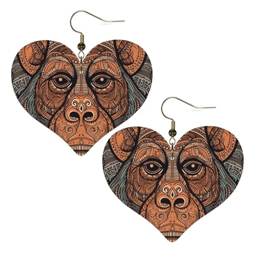 Orang-Utan-Stammes-Muster, Leder-Ohrringe für Frauen, Herz-Ohrringe, leicht, baumelnde Ohrringe, Schmuck-Geschenke Orang-Utan-Stammes-Muster, Leder-Ohrringe für Frauen, Herz-Ohrringe, leicht, baumelnde Ohrringe, Schmuck-Geschenke von FZQVSLCM
