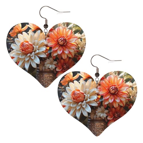 Orangene Blumen-Leder-Ohrringe für Damen, Herz-Ohrringe, leicht, baumelnd, Schmuck, Geschenke von FZQVSLCM