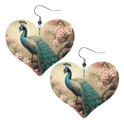 Orientalischer Pfau auf Blumenbaum, Leder-Ohrringe für Damen, Herz-Ohrringe, leicht, baumelnde Ohrringe, Schmuckgeschenke Orientalischer Pfau auf Blumenbaum, Leder-Ohrringe für Damen, Herz-Ohrringe, leicht, baumelnde Ohrringe, Schmuckgeschenke von FZQVSLCM