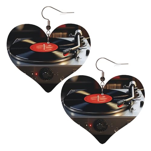 Plattenspieler-Leder-Ohrringe für Damen, Herz-Ohrringe, leicht, baumelnd, Schmuck, Geschenke von FZQVSLCM