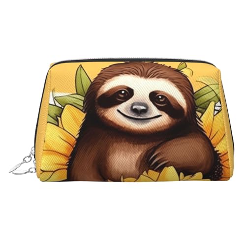 Reise-Make-up-Tasche, wasserdichte Make-up-Tasche für Geldbörse, Leder-Kulturbeutel für Damen, Kosmetiktasche, Organizer, Cartoon-Faultier auf Sonnenblume, Make-up-Tasche mit Reißverschluss von FZQVSLCM