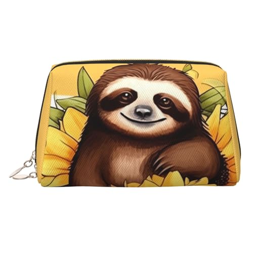 Reise-Make-up-Tasche, wasserdichte Make-up-Tasche für Geldbörse, Leder-Kulturbeutel für Damen, Kosmetiktasche, Organizer, Cartoon-Faultier auf Sonnenblume, Make-up-Tasche mit Reißverschluss von FZQVSLCM