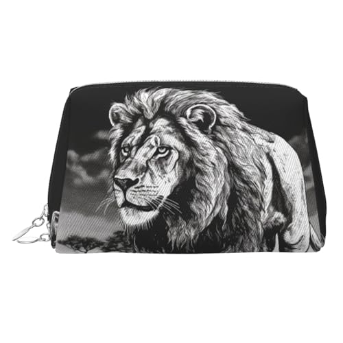 Reise-Make-up-Tasche, wasserdichte Make-up-Tasche für Geldbörse, Leder-Kulturbeutel für Damen, Kosmetiktasche, Organizer, Löwe, schwarz-weiß, Illustration, Make-up-Tasche mit Reißverschluss von FZQVSLCM