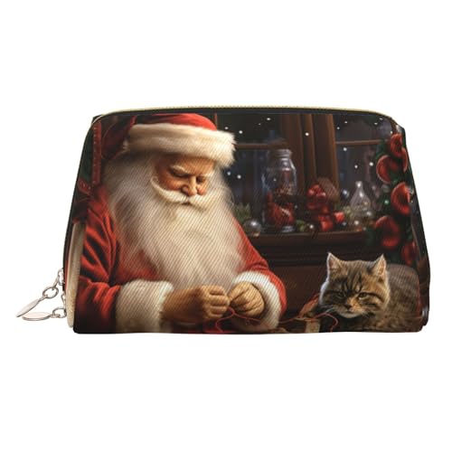 Reise-Make-up-Tasche, wasserdichte Make-up-Tasche für Geldbörse, Leder-Kulturbeutel für Damen, Kosmetiktasche, Organizer, Weihnachten, Weihnachtsmann, Nähbaum, Katze, Make-up-Tasche mit Reißverschluss von FZQVSLCM