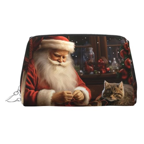 Reise-Make-up-Tasche, wasserdichte Make-up-Tasche für Geldbörse, Leder-Kulturbeutel für Damen, Kosmetiktasche, Organizer, Weihnachten, Weihnachtsmann, Nähbaum, Katze, Make-up-Tasche mit Reißverschluss von FZQVSLCM