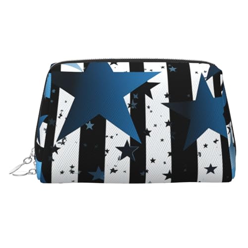 Reise-Make-up-Tasche, wasserdichte Make-up-Tasche für Geldbörse, Leder-Kulturbeutel für Damen, Kosmetiktasche, Organizer, blaue, schwarze, weiße Streifen und Sterne, Make-up-Tasche mit Reißverschluss von FZQVSLCM