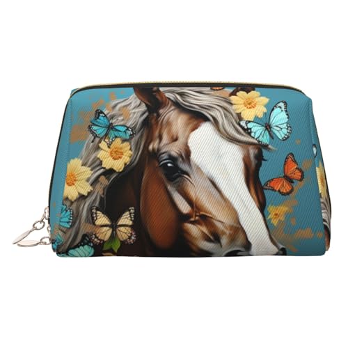 Reise-Make-up-Tasche, wasserdichte Make-up-Tasche für Geldbörse, Leder-Kulturbeutel für Damen, Kosmetiktasche, Organizer, ein Pferd mit Blumen und Schmetterlingen, Make-up-Tasche mit Reißverschluss Reise-Make-up-Tasche, wasserdichte Make-up-Tasche für Geldbörse, Leder-Kulturbeutel für Damen, Kosmetiktasche, Organizer, ein Pferd mit Blumen und Schmetterlingen, Make-up-Tasche mit Reißverschluss von FZQVSLCM