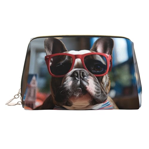 Reise-Make-up-Tasche, wasserdichte Make-up-Tasche für Geldbörse, Leder-Kulturbeutel für Damen, Kosmetiktasche, Organizer, französische Bulldogge, mit Sonnenbrille, Make-up-Tasche mit Reißverschluss von FZQVSLCM