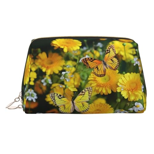Reise-Make-up-Tasche, wasserdichte Make-up-Tasche für Geldbörse, Leder-Kulturbeutel für Damen, Kosmetiktasche, Organizer, gelber Schmetterling und gelbe Gänseblümchen, Make-up-Tasche mit von FZQVSLCM