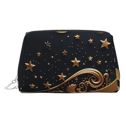 Reise-Make-up-Tasche, wasserdichte Make-up-Tasche für Geldbörse, Leder-Kulturbeutel für Damen, Kosmetiktasche, Organizer, goldener Hintergrund und Halbmond-Make-up-Tasche mit Reißverschluss von FZQVSLCM