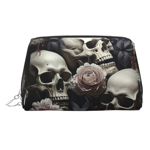 Reise-Make-up-Tasche, wasserdichte Make-up-Tasche für Geldbörse, Leder-Kulturbeutel für Damen, Kosmetiktasche, Organizer, schwarze und weiße Blumen und Totenkopf, Make-up-Tasche mit Reißverschluss von FZQVSLCM