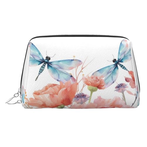 Reise-Make-up-Tasche, wasserdichte Make-up-Tasche für Geldbörse, Leder-Kulturtasche für Damen, Kosmetiktasche, Organizer, Aquarell-Blumen mit Libellen, Make-up-Tasche mit Reißverschluss von FZQVSLCM