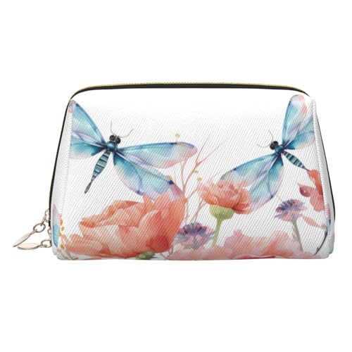 Reise-Make-up-Tasche, wasserdichte Make-up-Tasche für Geldbörse, Leder-Kulturtasche für Damen, Kosmetiktasche, Organizer, Aquarell-Blumen mit Libellen, Make-up-Tasche mit Reißverschluss von FZQVSLCM