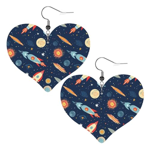 Rocket in Space Leder-Ohrringe für Damen, Herz-Ohrringe, leicht, baumelnd, Schmuck, Geschenke von FZQVSLCM