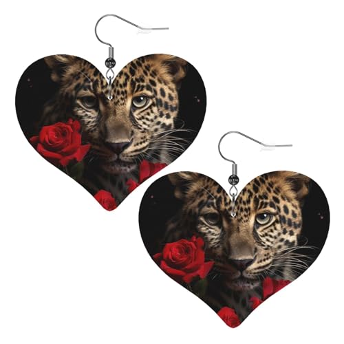 Rose-Leoparden-Leder-Ohrringe für Damen, Herz-Ohrringe, leicht, baumelnde Ohrringe, Schmuck-Geschenke von FZQVSLCM