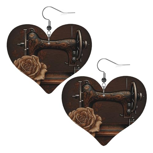 Rose und Nähmaschinen-Leder-Ohrringe für Damen, Herz-Ohrringe, leicht, baumelnde Ohrringe, Schmuck-Geschenke von FZQVSLCM