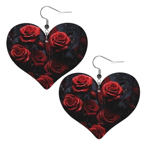 Rote Rose Foto-Leder-Ohrringe für Damen, Herz-Ohrringe, leicht, baumelnde Ohrringe, Schmuck, Geschenke von FZQVSLCM