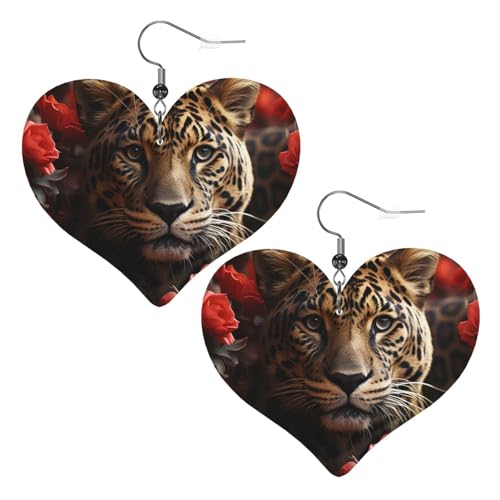 Rote Rose und Tiger, Leder-Ohrringe für Damen, Herz-Ohrringe, leicht, baumelnd, Schmuck, Geschenke von FZQVSLCM