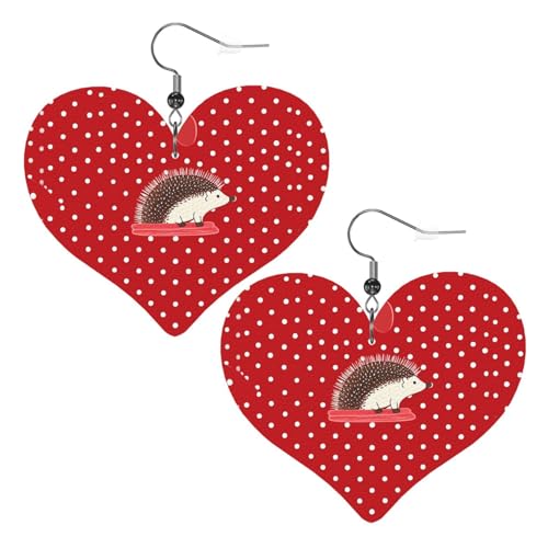 Rote gepunktete Igel-Leder-Ohrringe für Damen, Herz-Ohrringe, leicht, baumelnde Ohrringe, Schmuck, Geschenke von FZQVSLCM
