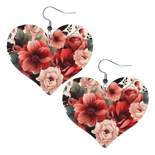 Rote und blasse Blumen, Leder-Ohrringe für Damen, Herz-Ohrringe, leicht, baumelnde Ohrringe, Schmuck, Geschenke Rote und blasse Blumen, Leder-Ohrringe für Damen, Herz-Ohrringe, leicht, baumelnde Ohrringe, Schmuck, Geschenke von FZQVSLCM