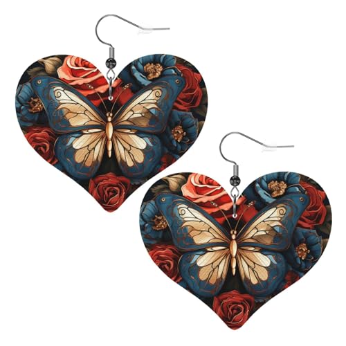 Schmetterlinge und Rosen, Leder-Ohrringe für Damen, Herz-Ohrringe, leicht, baumelnd, Schmuck, Geschenke Schmetterlinge und Rosen, Leder-Ohrringe für Damen, Herz-Ohrringe, leicht, baumelnd, Schmuck, Geschenke von FZQVSLCM