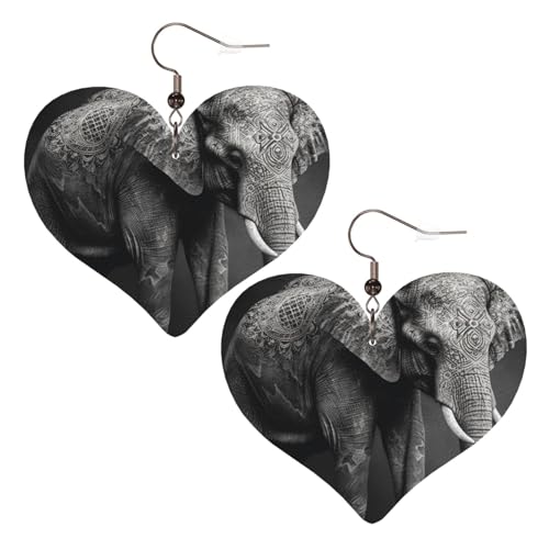 Schwarze und weiße Leder-Ohrringe mit Elefantenbild, Herz-Ohrringe, leicht, baumelnde Ohrringe, Schmuckgeschenke von FZQVSLCM