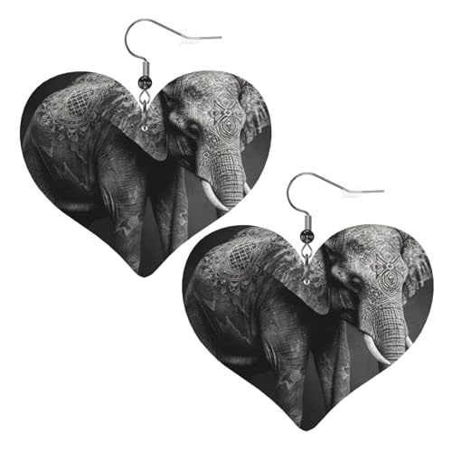Schwarze und weiße Leder-Ohrringe mit Elefantenbild, Herz-Ohrringe, leicht, baumelnde Ohrringe, Schmuckgeschenke Schwarze und weiße Leder-Ohrringe mit Elefantenbild, Herz-Ohrringe, leicht, baumelnde Ohrringe, Schmuckgeschenke von FZQVSLCM