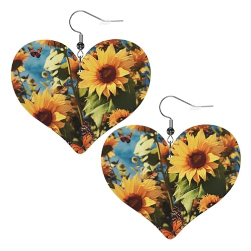 Sonnenblumen und Schmetterlinge, Leder-Ohrringe für Damen, Herz-Ohrringe, leicht, baumelnde Ohrringe, Schmuck, Geschenke von FZQVSLCM