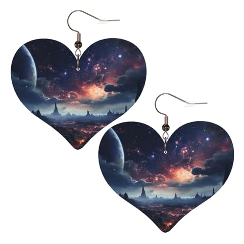 Space Stars Leder-Ohrringe für Damen, Herz-Ohrringe, leicht, baumelnde Ohrringe, Schmuckgeschenke von FZQVSLCM